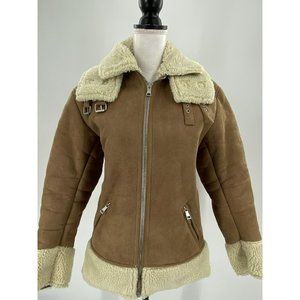 ASOS Faux Suede Shearling Zipper Front Coat Tan Double Collar Zip Pockets XXS